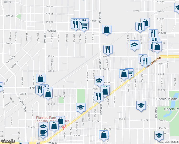 map of restaurants, bars, coffee shops, grocery stores, and more near 3120 64th Street in Kenosha