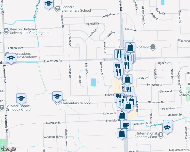 map of restaurants, bars, coffee shops, grocery stores, and more near 752 Island Court in Troy