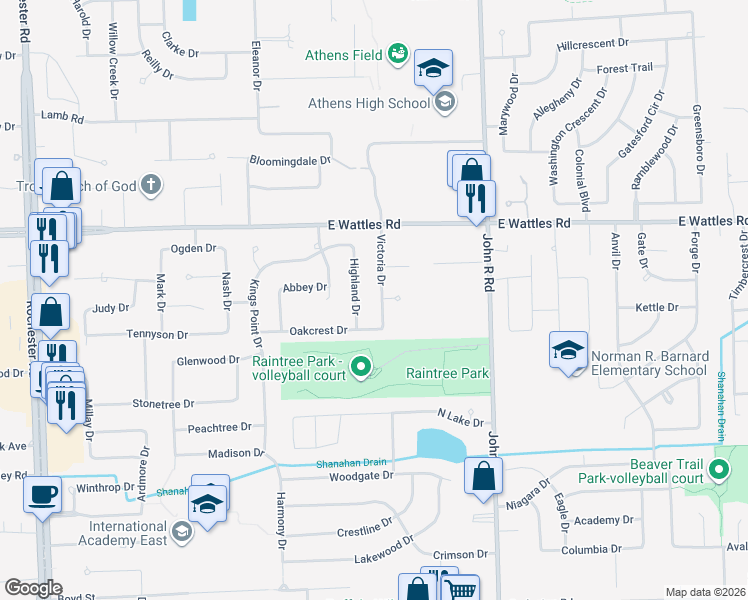 map of restaurants, bars, coffee shops, grocery stores, and more near 3851 Victoria Drive in Troy