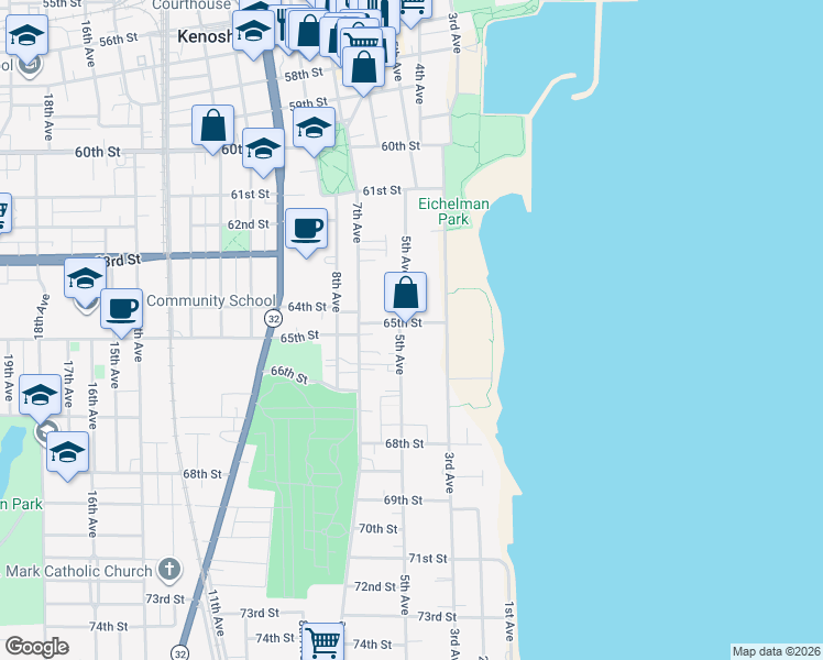 map of restaurants, bars, coffee shops, grocery stores, and more near 402 65th Street in Kenosha