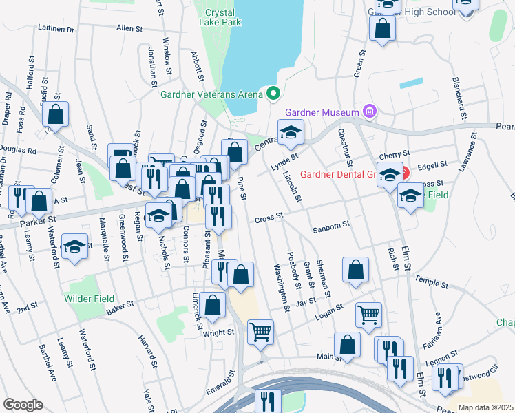 map of restaurants, bars, coffee shops, grocery stores, and more near 206 Central Street in Gardner