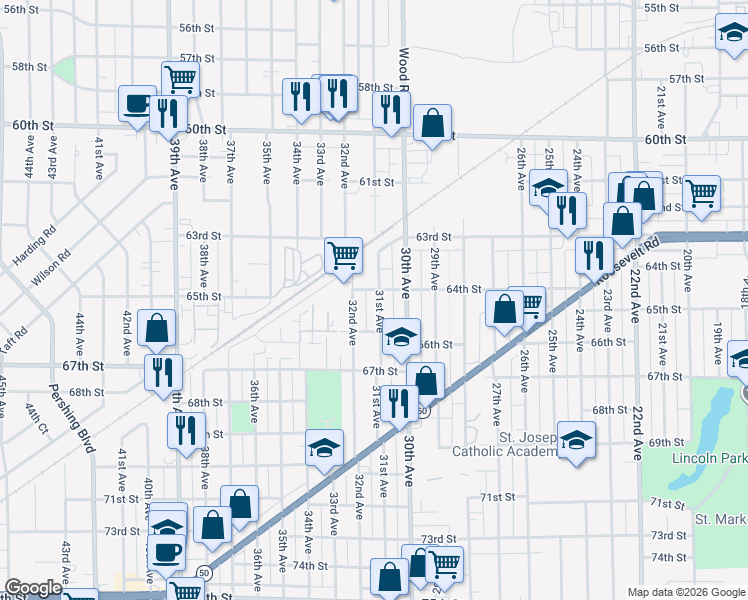 map of restaurants, bars, coffee shops, grocery stores, and more near 3120 64th Street in Kenosha