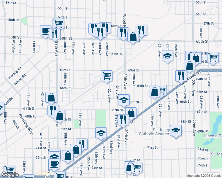 map of restaurants, bars, coffee shops, grocery stores, and more near 6411 32nd Avenue in Kenosha