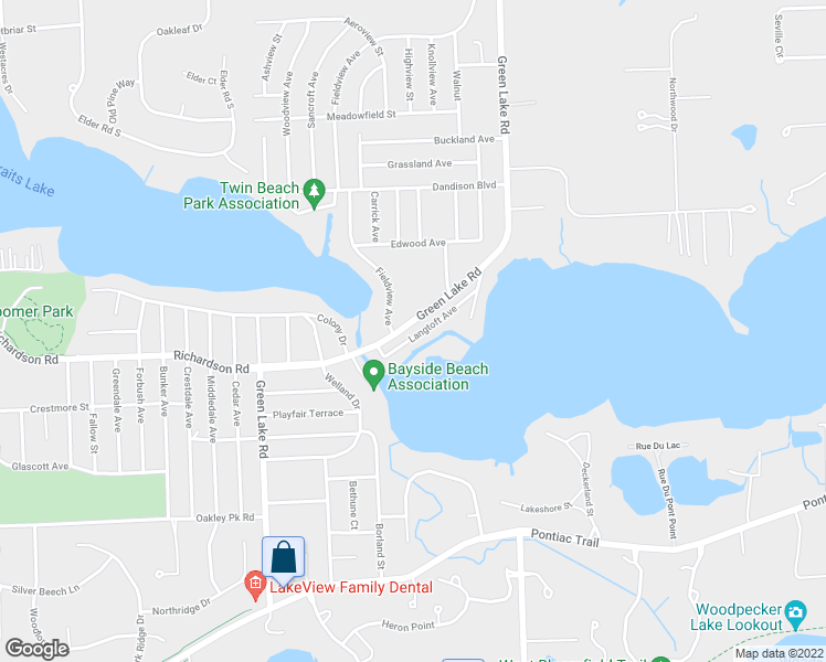 map of restaurants, bars, coffee shops, grocery stores, and more near 4059 Green Lake Road in West Bloomfield Township