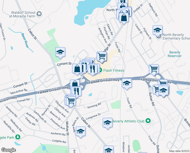 map of restaurants, bars, coffee shops, grocery stores, and more near 55 Dodge Street in Beverly