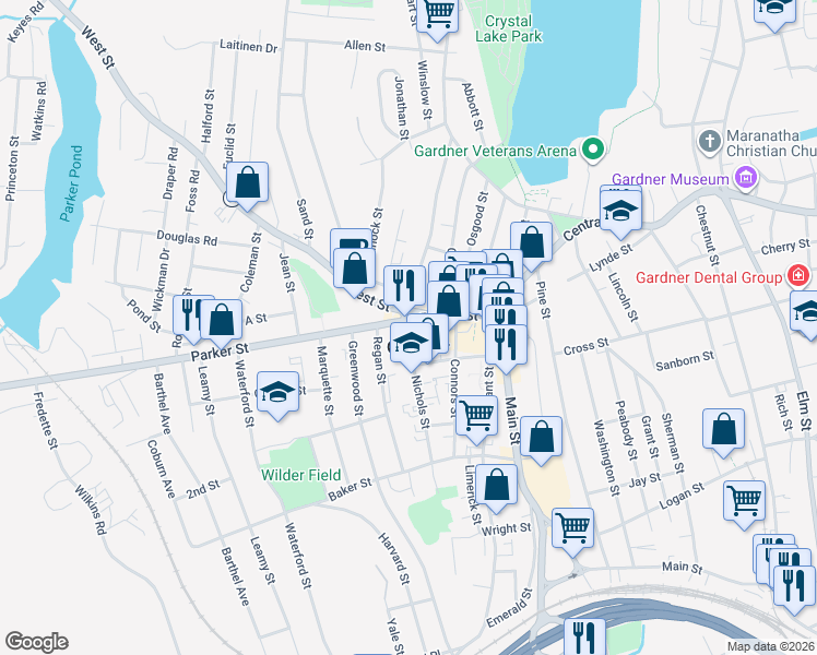 map of restaurants, bars, coffee shops, grocery stores, and more near 4 Oak Street in Gardner