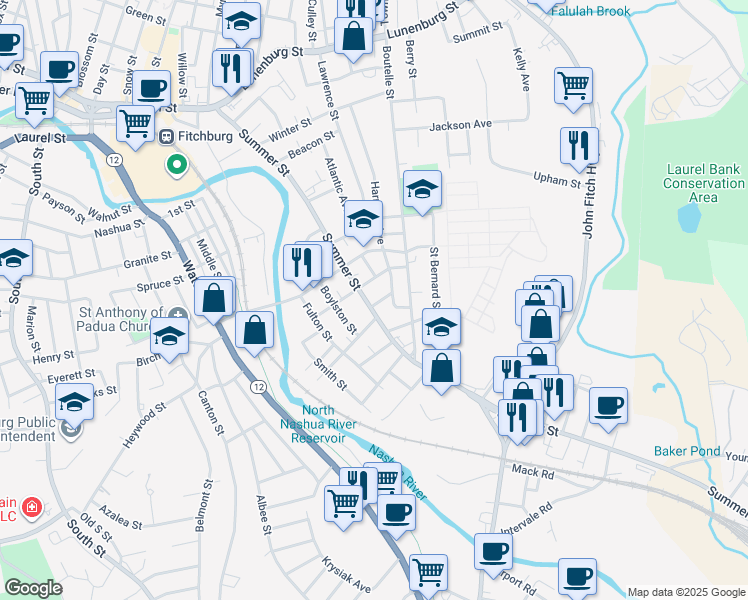 map of restaurants, bars, coffee shops, grocery stores, and more near 162 Summer Street in Fitchburg