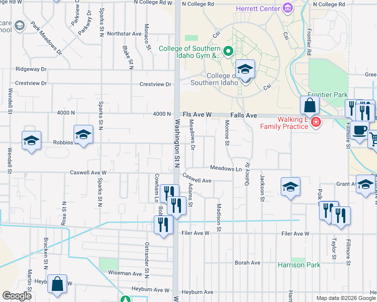 map of restaurants, bars, coffee shops, grocery stores, and more near 787 Meadows Drive in Twin Falls