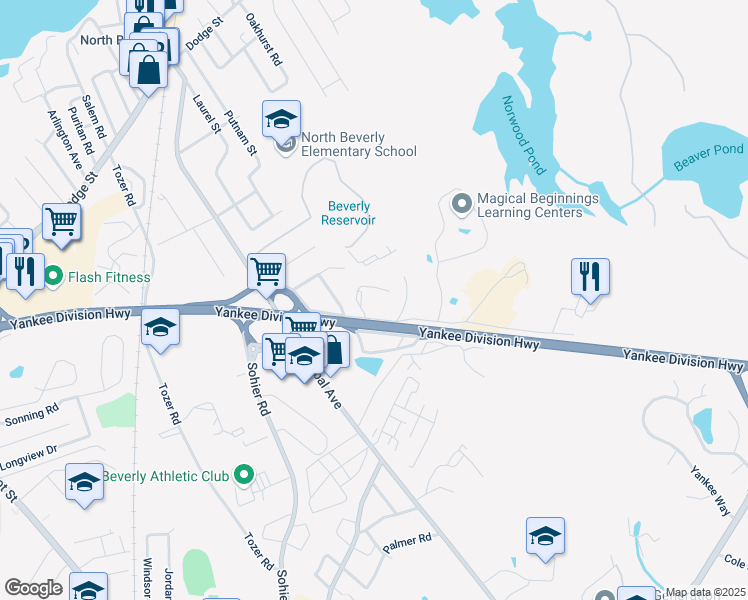 map of restaurants, bars, coffee shops, grocery stores, and more near 32 Dunham Road in Beverly