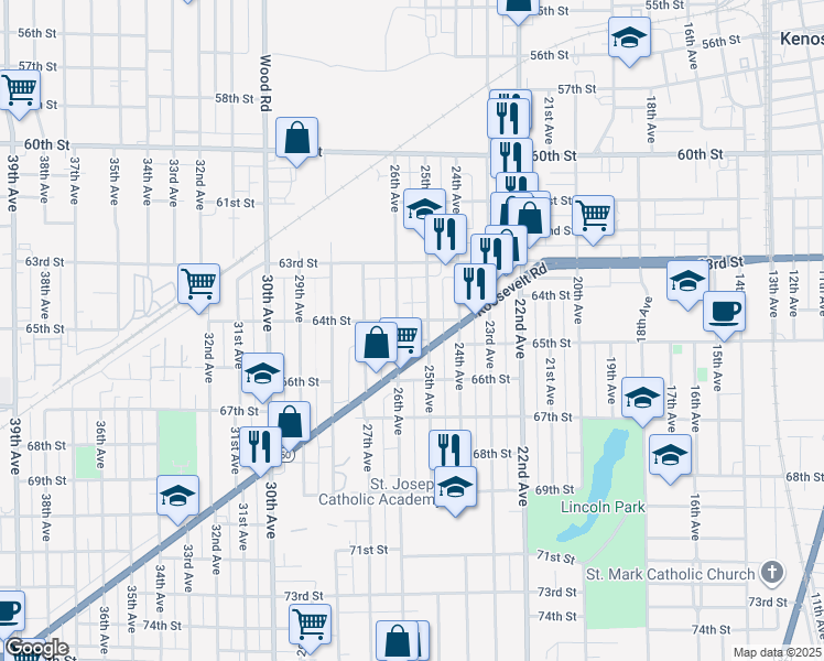 map of restaurants, bars, coffee shops, grocery stores, and more near 6410 25th Avenue in Kenosha