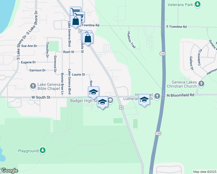 map of restaurants, bars, coffee shops, grocery stores, and more near 1150 South Wells Street in Lake Geneva