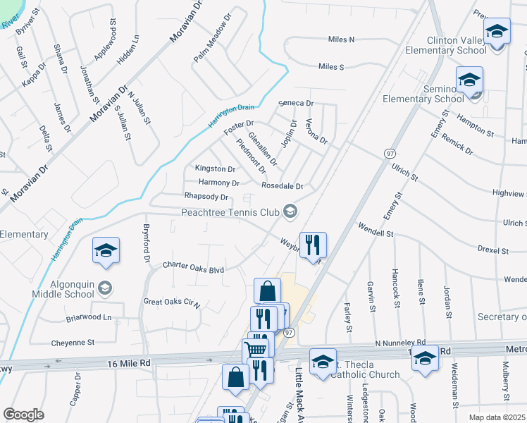 map of restaurants, bars, coffee shops, grocery stores, and more near 20195 Weybridge Street in Charter Township of Clinton