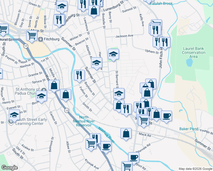 map of restaurants, bars, coffee shops, grocery stores, and more near 285 Boutelle Street in Fitchburg