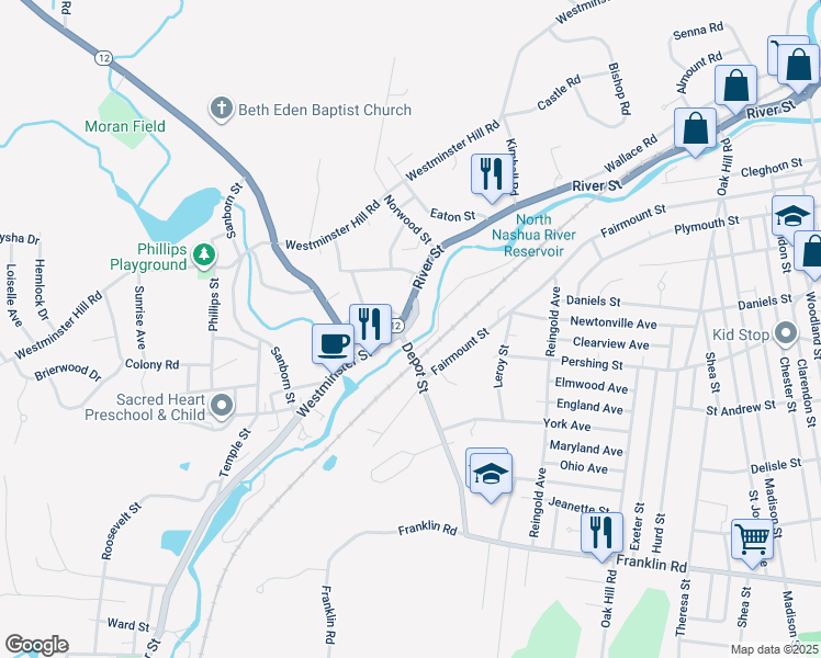 map of restaurants, bars, coffee shops, grocery stores, and more near 32 Ashburnham Street in Fitchburg