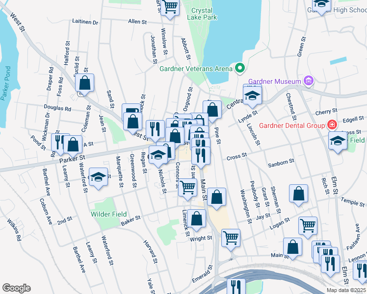 map of restaurants, bars, coffee shops, grocery stores, and more near 308 Central Street in Gardner