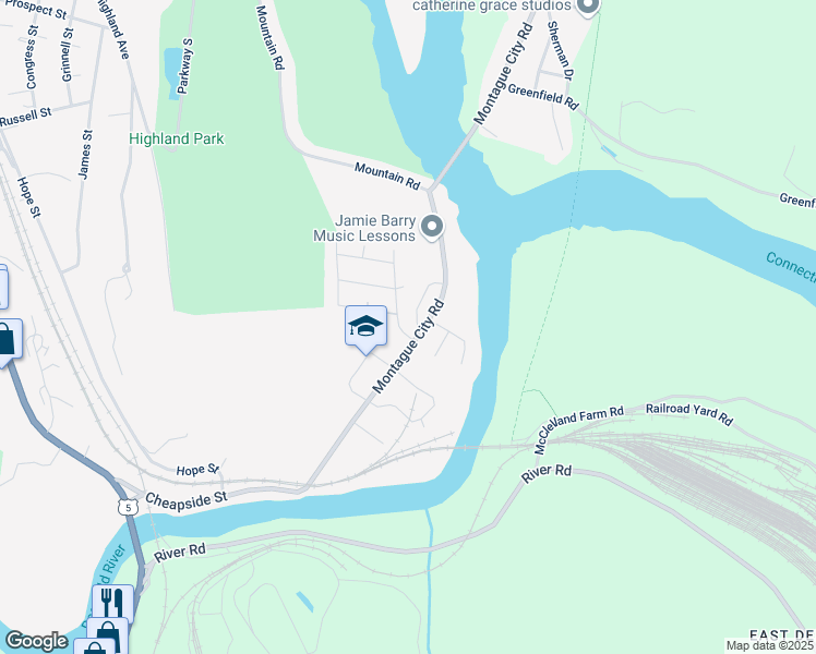 map of restaurants, bars, coffee shops, grocery stores, and more near 17 Park Avenue in Greenfield