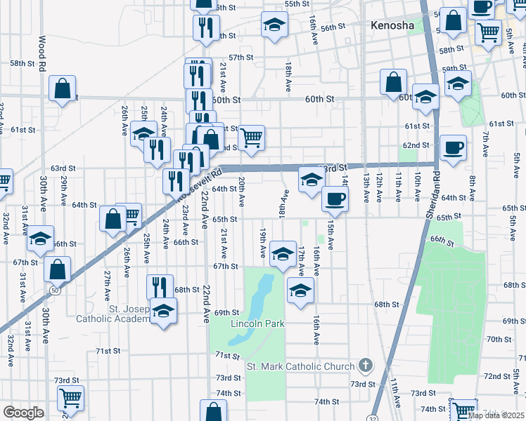 map of restaurants, bars, coffee shops, grocery stores, and more near 1901 63rd Street in Kenosha