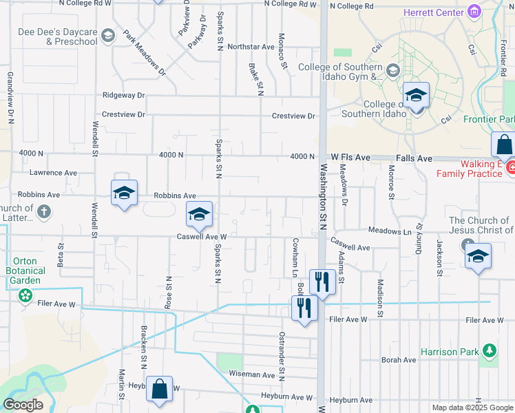 map of restaurants, bars, coffee shops, grocery stores, and more near 263 Robbins Avenue in Twin Falls