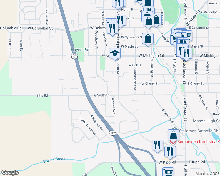 map of restaurants, bars, coffee shops, grocery stores, and more near 716 Peachtree Place in Mason