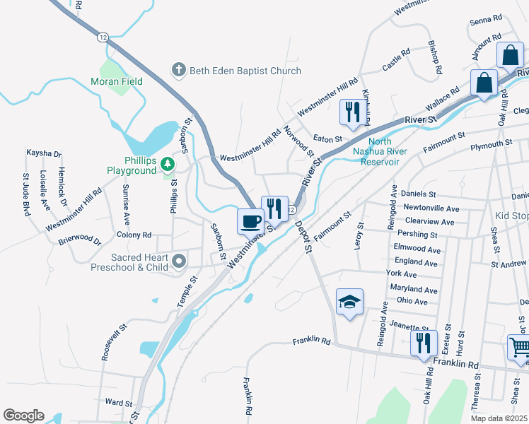 map of restaurants, bars, coffee shops, grocery stores, and more near 17 Fairview Street in Fitchburg