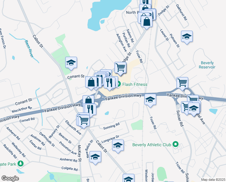 map of restaurants, bars, coffee shops, grocery stores, and more near 55 Dodge Street in Beverly
