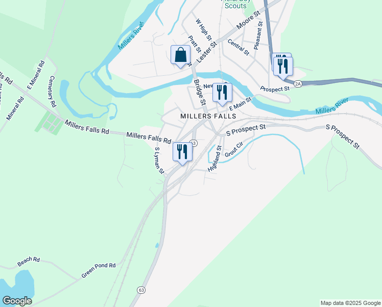map of restaurants, bars, coffee shops, grocery stores, and more near 20 Federal Street in Millers Falls