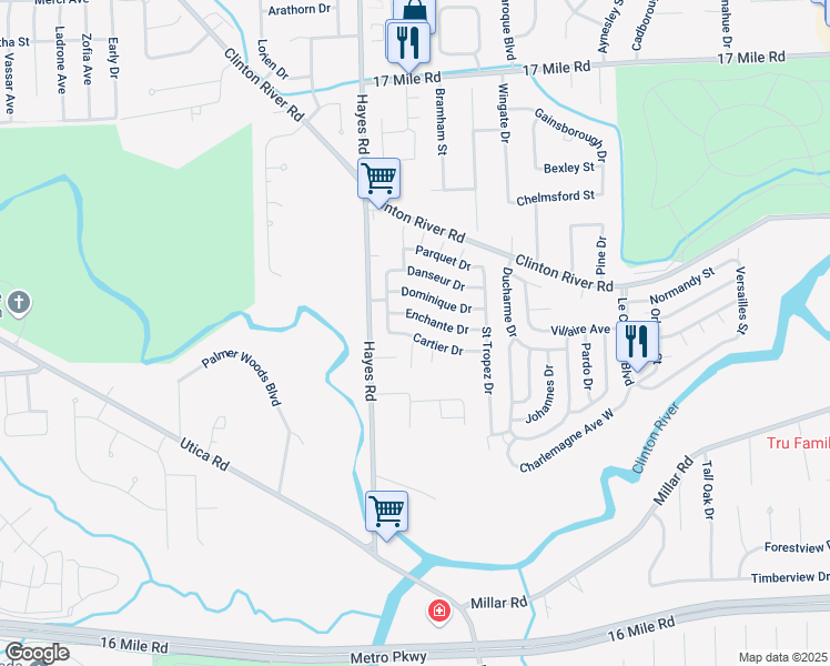 map of restaurants, bars, coffee shops, grocery stores, and more near 15365 Cartier Drive in Clinton Township