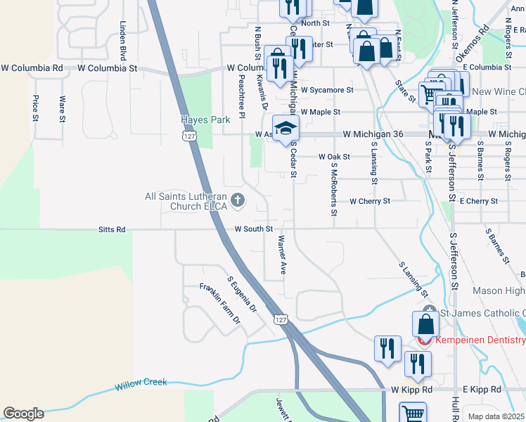 map of restaurants, bars, coffee shops, grocery stores, and more near 718 Peachtree Place in Mason