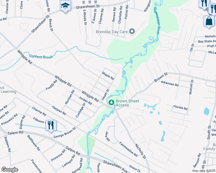 map of restaurants, bars, coffee shops, grocery stores, and more near 47 Walnut Road in Tewksbury