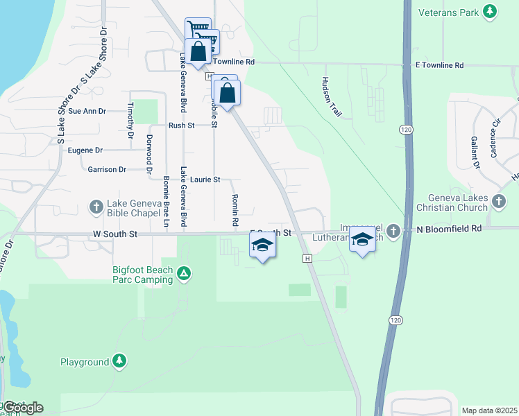 map of restaurants, bars, coffee shops, grocery stores, and more near 1150 South Wells Street in Lake Geneva