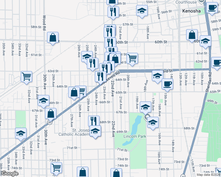 map of restaurants, bars, coffee shops, grocery stores, and more near 6430 22nd Avenue in Kenosha
