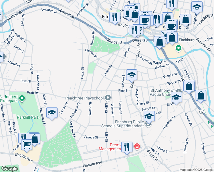 map of restaurants, bars, coffee shops, grocery stores, and more near 187 Milk Street in Fitchburg