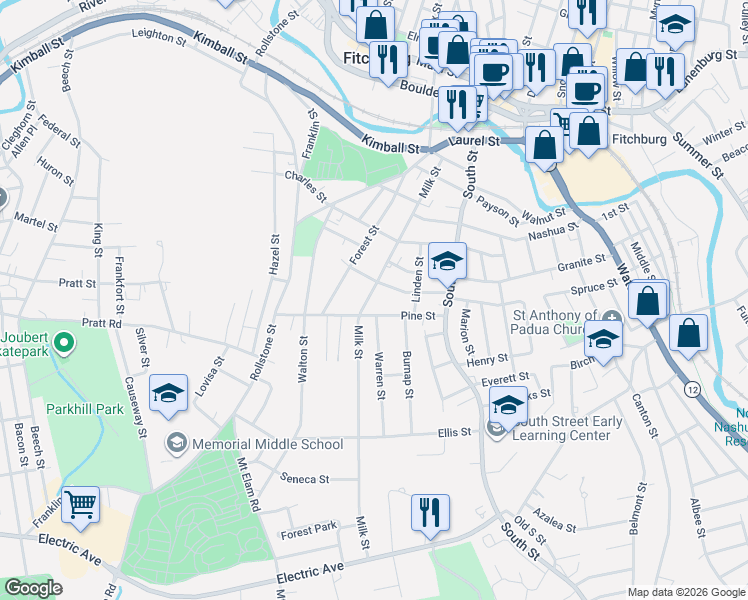 map of restaurants, bars, coffee shops, grocery stores, and more near 182 Milk Street in Fitchburg