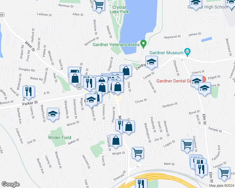 map of restaurants, bars, coffee shops, grocery stores, and more near 4 Main Street in Gardner