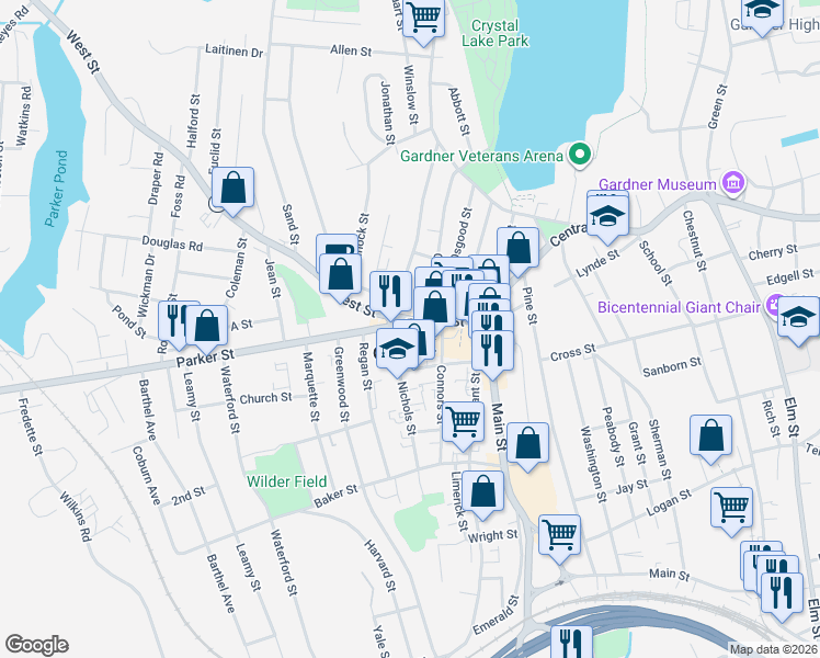 map of restaurants, bars, coffee shops, grocery stores, and more near 108 Parker Street in Gardner