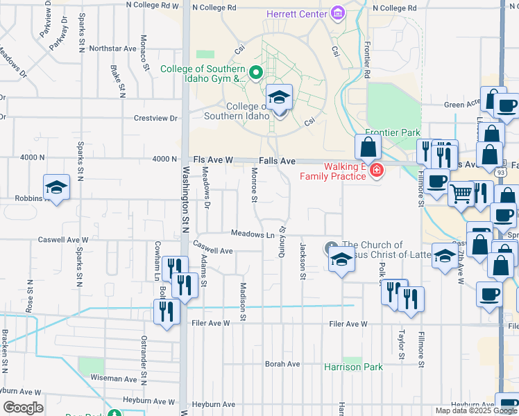 map of restaurants, bars, coffee shops, grocery stores, and more near 306 Monroe Circle in Twin Falls