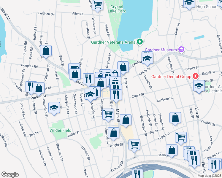 map of restaurants, bars, coffee shops, grocery stores, and more near 308 Central Street in Gardner