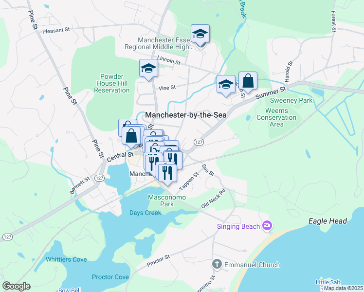map of restaurants, bars, coffee shops, grocery stores, and more near 7 Norwood Avenue in Manchester-by-the-Sea