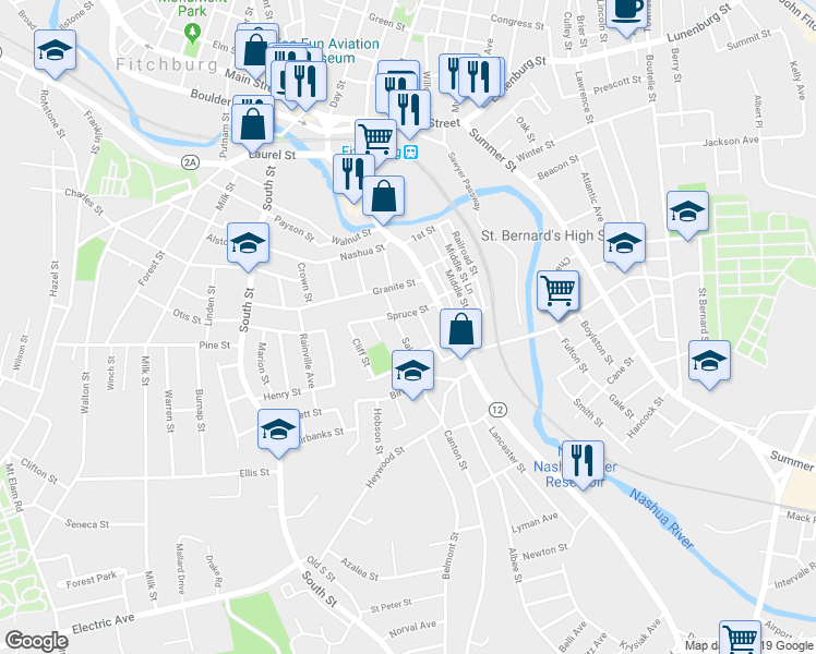 map of restaurants, bars, coffee shops, grocery stores, and more near 42 Salem Street in Fitchburg