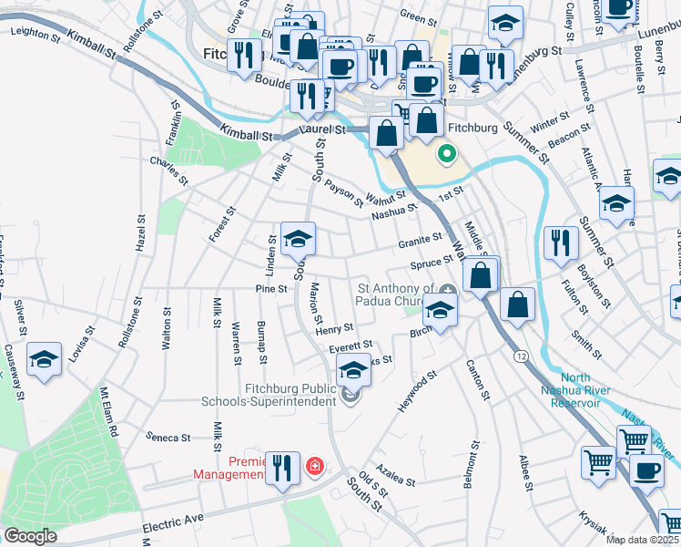 map of restaurants, bars, coffee shops, grocery stores, and more near 41 Thomas Street in Fitchburg