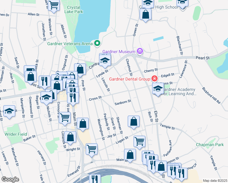 map of restaurants, bars, coffee shops, grocery stores, and more near 62 Lincoln Street in Gardner