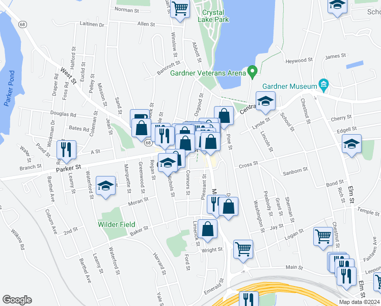 map of restaurants, bars, coffee shops, grocery stores, and more near 68 Parker Street in Gardner