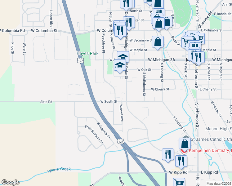 map of restaurants, bars, coffee shops, grocery stores, and more near 716 Peachtree Place in Mason