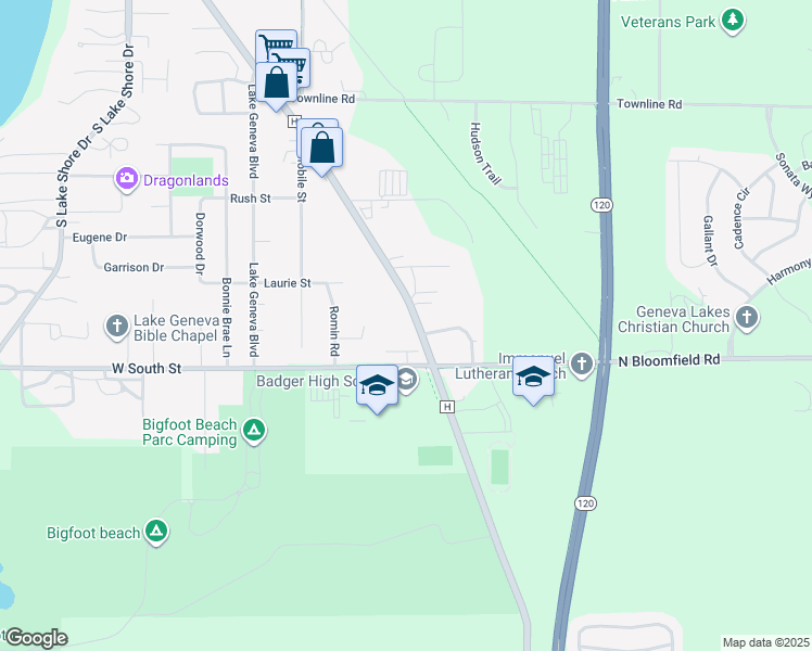 map of restaurants, bars, coffee shops, grocery stores, and more near 1125 South Wells Street in Lake Geneva