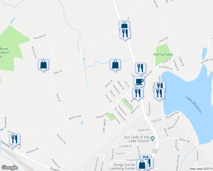 map of restaurants, bars, coffee shops, grocery stores, and more near 297 Whalom Road in Lunenburg