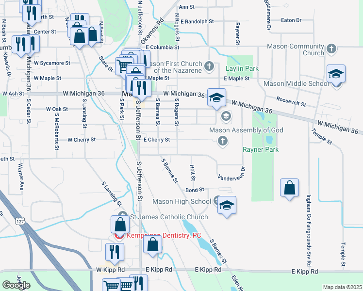 map of restaurants, bars, coffee shops, grocery stores, and more near 703 South Rogers Street in Mason