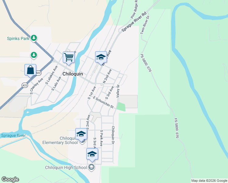 map of restaurants, bars, coffee shops, grocery stores, and more near 225 East Schonchin Street in Chiloquin