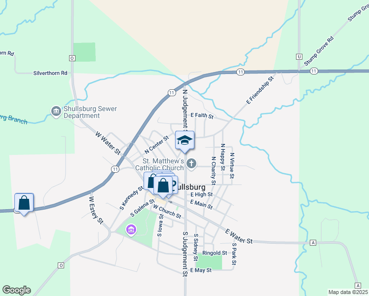 map of restaurants, bars, coffee shops, grocery stores, and more near 457 North Judgement Street in Shullsburg