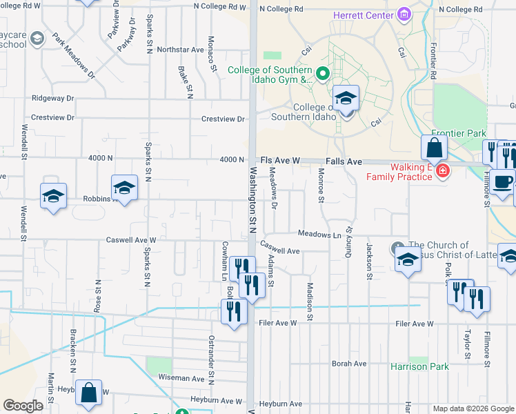 map of restaurants, bars, coffee shops, grocery stores, and more near 782 Washington Street North in Twin Falls