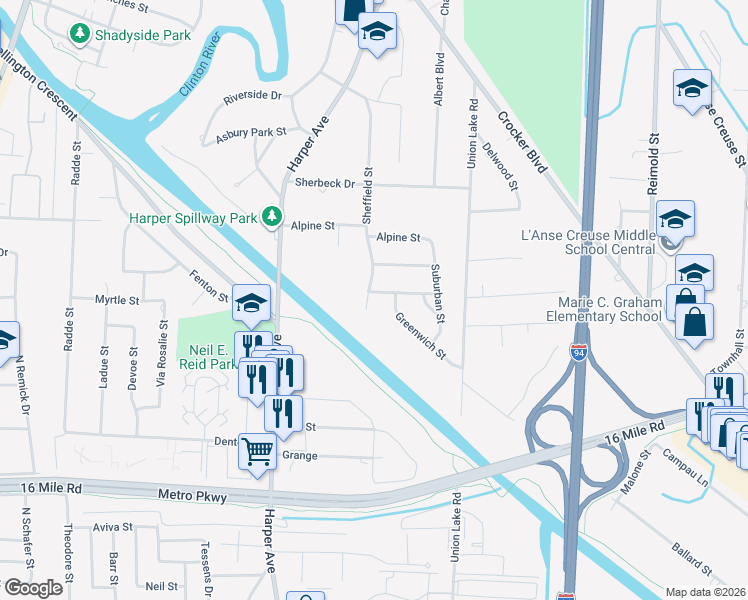map of restaurants, bars, coffee shops, grocery stores, and more near 37930 Sheffield Street in Clinton Township